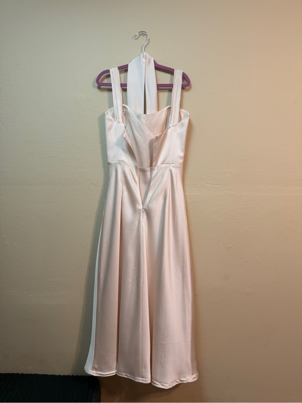 Jenny Yoo Blush Satin Midi Dress with Square Neck